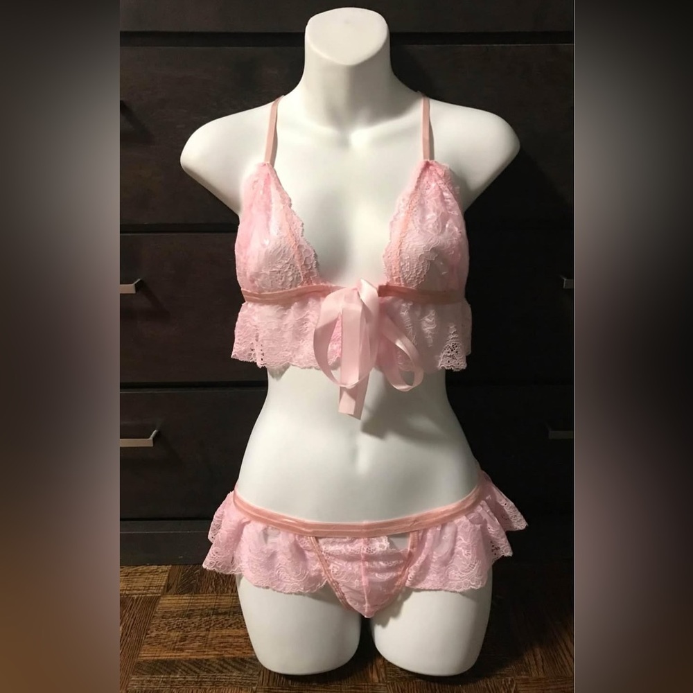 Elegant Pink Lace Bralette and Thong Set